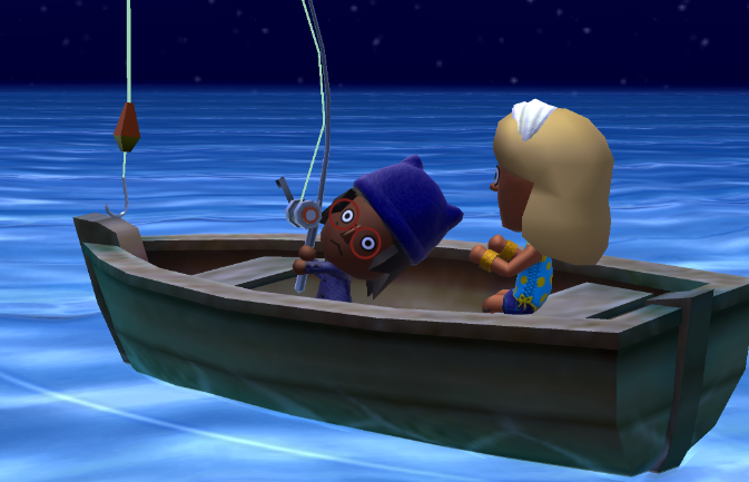 Lottie on a boat at nighttime looking shocked and holding a fishing rod with Jill seated next to her