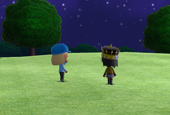 Jill and Lottie walking through the park at night