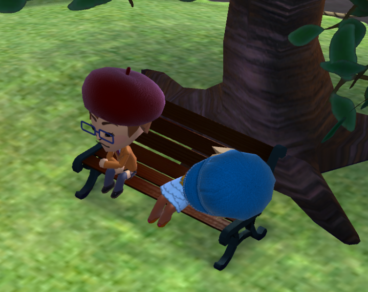 Jill asleep on the bench again with Etsuko awake next to her