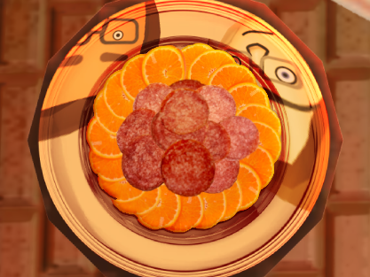 A silver platter of oranges and salami, Vito and Russell's shocked faces visible in its reflection