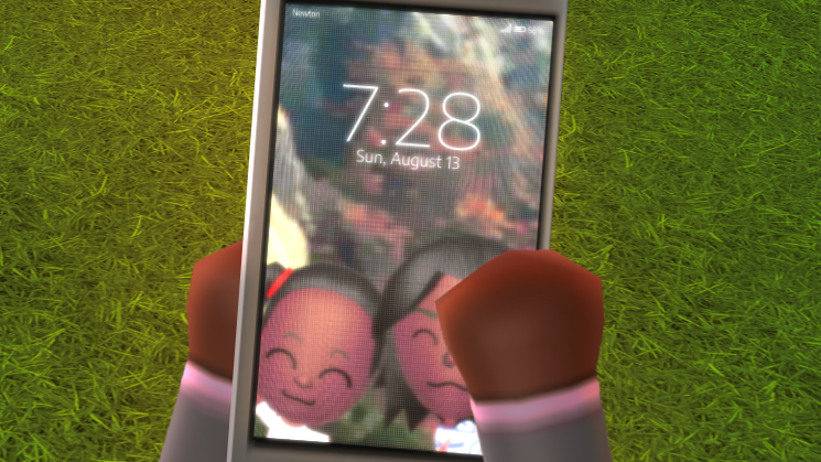 Natasha shows off her lock screen, a picture of her and her younger sister smiling in front of a rock formation. The time is 7:28, and the date is Sunday, August 13th.